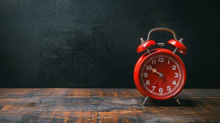 Red Alarm Clock Resting on a Wooden Table Against a Black Background