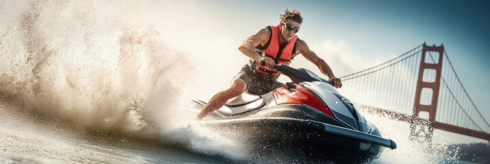 Jetski in water with background of golden gate bridge. Summer tropical sports.