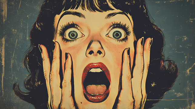 A vintage horror illustration featuring a shocked woman with a vivid expression, conveying a sense of fear and drama. Vintage. Illustration