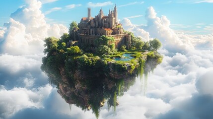 A floating island above a beautiful sky, adorned with vibrant greenery and a grand castle