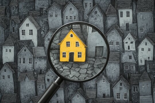 A magnifying glass reveals a vibrant yellow house amid a cluster of grey houses, emphasizing uniqueness in architecture