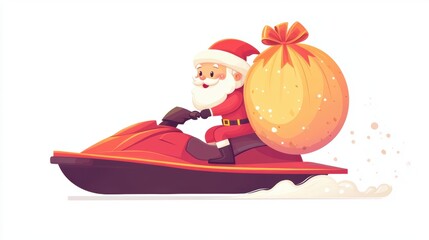 Santa riding a jetski with gift bag box.