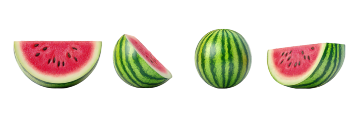 Collection of fresh ripe Whole and cut slice of watermelon fruit isolated on transparent background