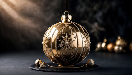 Golden Christmas ornament with intricate floral design on a blurred dark wooden background, Christmas ornaments decoration background with copy space for text, Merry Christmas wallpaper