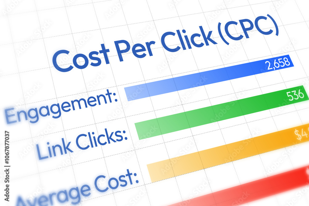 Aufkleber cost per click analytics showing in modern gradient colors with value and numbers. spendings on adve