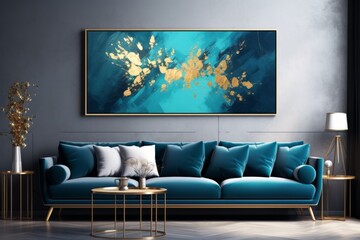 A large framed painting of a blue and gold splash of color hangs on the wall
