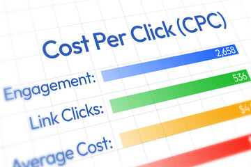 Cost per click analytics showing in modern gradient colors with value and numbers. Spendings on advertisement dashboard design concept