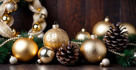 New year background with golden ornaments on a dark wooden background, Christmas and New Year golden ornaments, New year 2025 poster or card mock-up background