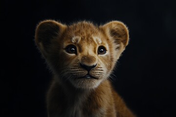 A baby lion illuminated by rim lighting stands against a dark background, showcasing its expressive features and detailed fur texture