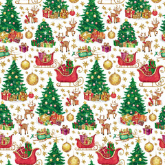New Year seamless pattern. Watercolor painting with decorated Christmas trees, Santa's sleigh, reindeers, toys and gifts.