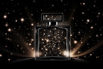 A bottle of perfume is shown with a lot of sparkles
