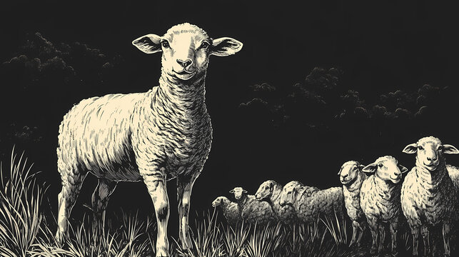 An isolated ink sketch of a vintage engraving lamb set on a black and white background. the silhouette of a farm animal on a background of sheep. the image is hand drawn. Vintage. Illustration