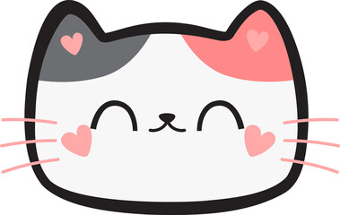 Cat Face Cartoon, Cute Smile Cat Face Illustration, Kawaii Kitty Face with Heart Accents