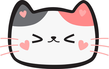 Cat Face Cartoon, Cute Excited Cat Face Illustration, Kawaii Kitty Face with Heart Accents