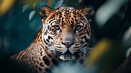 A close-up portrait of a jaguar looking directly at the camera, with green foliage in the background.