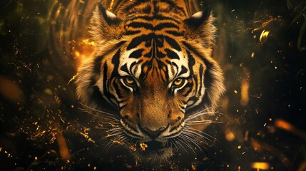 Fototapeta premium A majestic tiger with piercing yellow eyes stares intensely at the camera with a background of shimmering golden sparks.