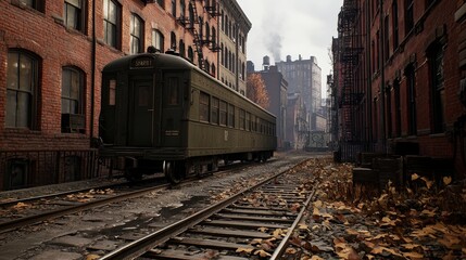 Vintage Train on City Tracks  Old Train Car on Railway in Urban Setting