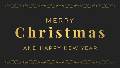 Merry Christmas and Happy New Year horizontal banner with gold vintage calligraphic border and typography on black background. Creative concept for card, banner, poster. Vector illustration