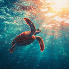 Obraz premium A serene underwater scene featuring a turtle swimming towards sunlight.