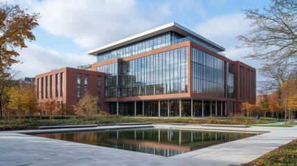 Fototapeta premium Modern office building with a reflecting pond and landscaped grounds.