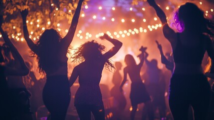 People dancing joyfully at an outdoor concert party with vibrant lights during a lively summer evening celebration