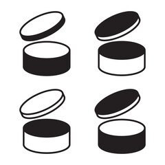 Cosmetic jar icon. Container set vector. Black product symbol. Open and closed jars.