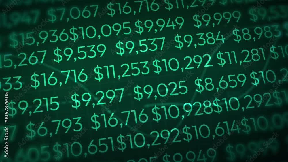 Poster the financial concept background has green typography of number counters and a 4k animation backdrop