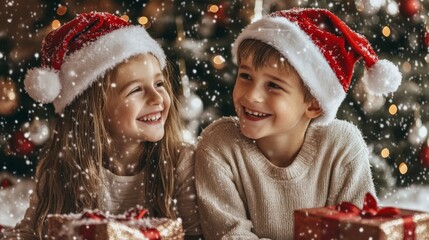 Two cheerful children in Santa Claus hats smile in a Christmas setting with falling snow