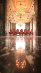 Elegant conference room with a marble floor and chandelier lighting.