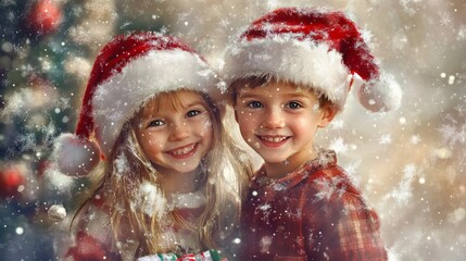 Two cheerful children in Santa Claus hats smile in a Christmas setting with falling snow