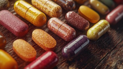 Colorful Pills and Tablets on Wooden Surface   Health Supplement Photography