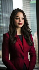 Fototapeta premium A professional woman in a red blazer poses confidently in an urban setting.