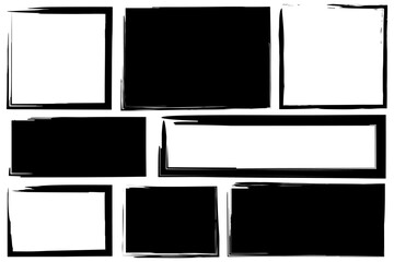 Distressed frame set. Black borders. Rough edged shapes. Vector illustration.