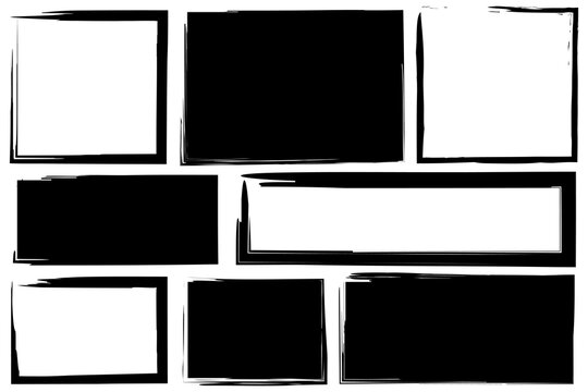 Distressed frame set. Black borders. Rough edged shapes. Vector illustration.
