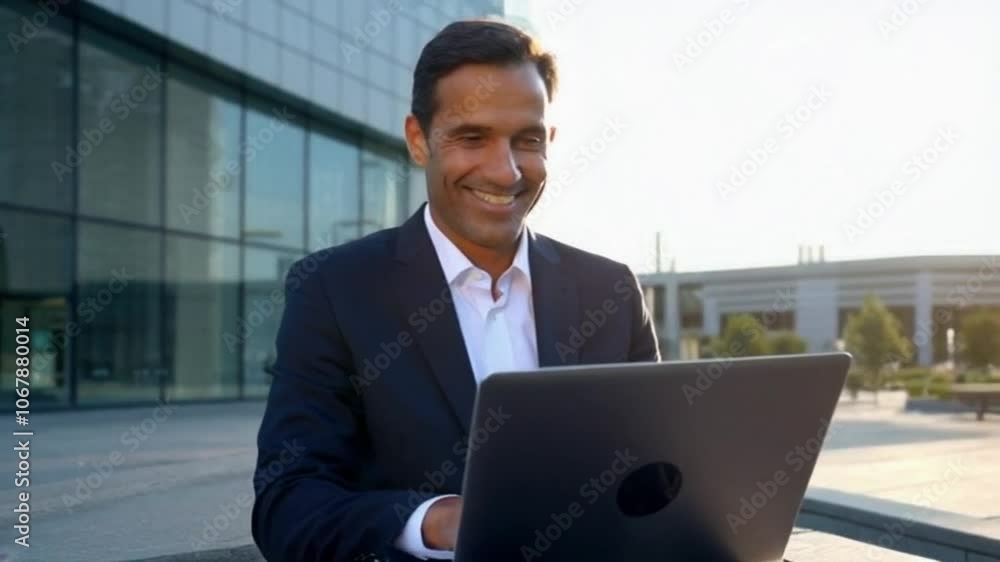 Poster a man in a suit is smiling while using a laptop