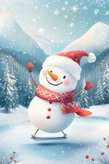 Fototapeta premium Cute snowman ski in snow field in mountain.