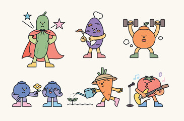 Cute vegetable and fruit personified characters. They are enjoying a healthy lifestyle.