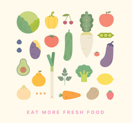 A collection of vegetable and fruit designs in a simple and geometric style.