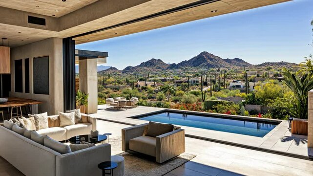A modern home with a spacious living area overlooking a sparkling pool and a stunning mountain view