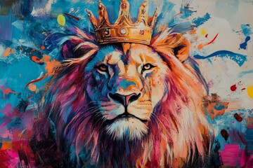 A majestic lion adorned with a golden crown, against an abstract, vibrant and colorful oil painting style background