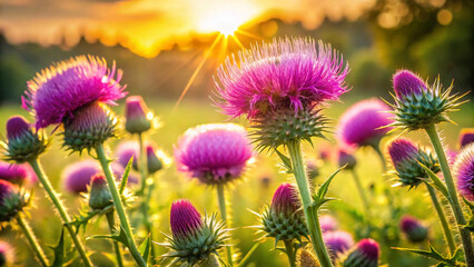 The setting sun casts a warm light over a serene landscape of blooming thistles, showcasing nature’s sharp elegance.