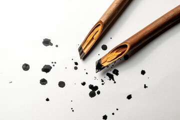 Calligraphy reeds covered ink on white paper