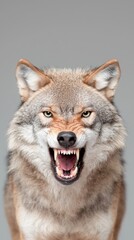 Fototapeta premium Aggressive Wolf with Fangs Wild Animal Portrait Gray Background