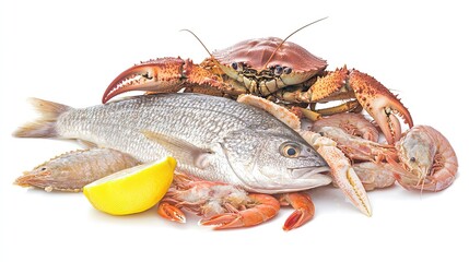 A variety of seafood including fish, shrimp, and crab with lemon.