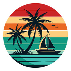  A Sailboat Drifts Underneath the Palm Tree Silhouette as Birds Soar Across a Golden and Crimson Sky.