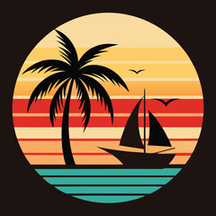  A Sailboat Drifts Underneath the Palm Tree Silhouette as Birds Soar Across a Golden and Crimson Sky.