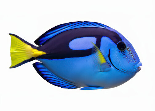 Closeup of reef fish, blue tang isolated on white background