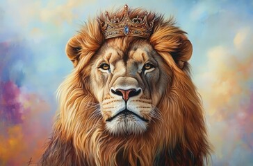 A majestic lion adorned with a golden crown, against an abstract, vibrant and colorful oil painting style background