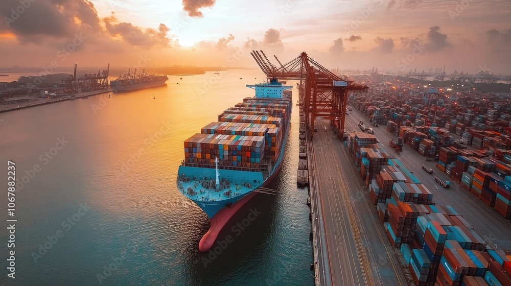 Poster a bustling singapore port scene with a maersk container ship docked, emphasizing the scale and compl