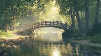 Fototapeta premium A charming, weathered wooden bridge stretches over a clear stream, surrounded by trees with sun shining through their leaves